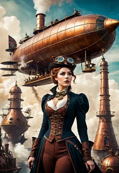 In a steampunk world, the streets are filled with flying ships and airships, and the characters wear colorful dresses adorned with intricate mechanical contraptions. The young girl in the picture holds a smoking pipe in one hand and an intricately designed