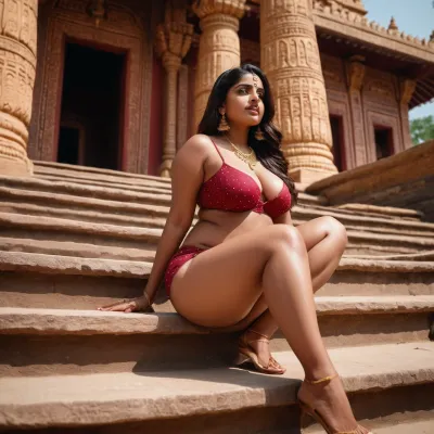 The Indian woman was a curvy beauty with long black hair and big brown eyes. She was a devotee of the temple, and every day she would go there to pray and offer her prayers. One day, while she was on her way back