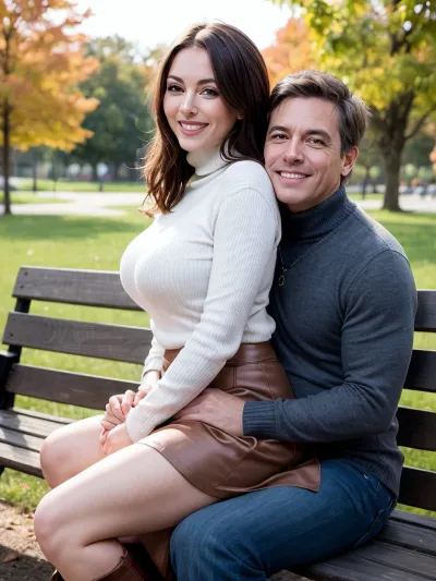 Una donna di 50 anni con seni saggy e una coda grande siede su una panca nel parco, indossando tacchi alti e gonna di tessuto corto. Sta sorridendo all'uomo che sta scattando la foto con il suo smartphone, rivelando le sue gambe muscolari