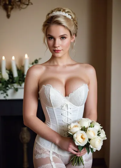 La bionda di 19 anni era l'immagine dell'innocenza mentre camminava lungo la navata nel suo corsetto di pizzo bianco stretto, e il suo volto carino era incorniciato da una calza bianca stretta. Ha tenuto un mazzo di rose bianche e ha guardato