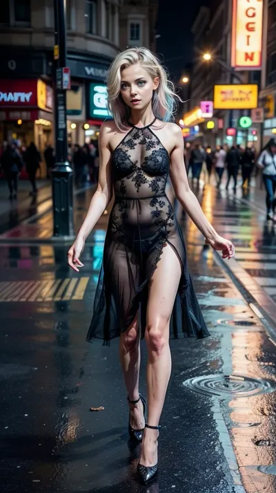 The AI generated text is a detailed description of a seductive modeling photo shoot with a model wearing an extremely detailed and realistic diamond necklace. The model is posed in various positions, showcasing her perfect body and symmetrical face. The lighting is high