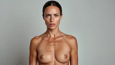 A 40-year-old woman with a half-portrait, angular features, and high cheekbones stands in front of an AI-generated photo studio. Despite being 40 years old, she looks angry about something but doesn't want to show it