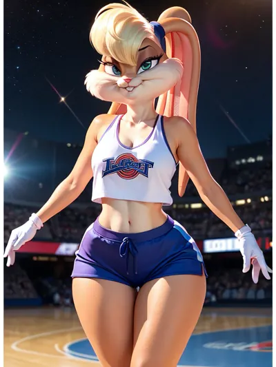 萝拉兔子,8K壁纸兔子女孩, 是一个毛茸茸的雌性, 有大眼睛和小鼻子。 她有运动身体 和丰满的脸颊。 她的装束是Space Jam主题手套和运动鞋