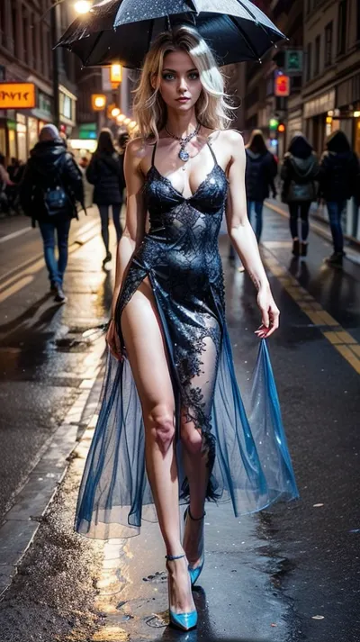 The high-quality photo of a beautiful model wearing an 18k gold necklace with diamonds, transparent dress, and 32k resolution shows her body shape and features in detail. Her skin texture is perfect, revealing her cleavage and nipples through transparent clothes