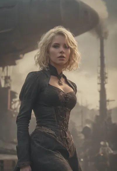 Victoria, a woman with steampunk elements in her art, spends most of her time creating massive pictures of AI-generated blonde women with huge natural breasts