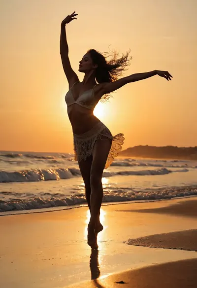 La belle fille qui danse à distance sur la plage tard au coucher du soleil est une image hyperréaliste qui capture chaque détail et subtilité, ce qui rend difficile de croire que c'est juste une image