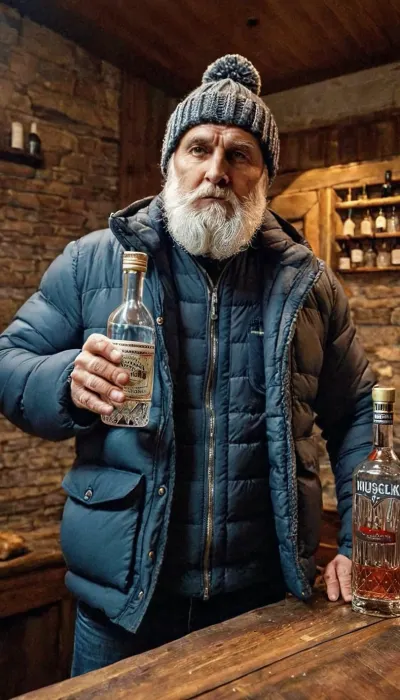 Athanasius, a grandfather with a beard and padded jacket, was knitting a picture of his granddaughter's favorite toy using the vodka bottle as an inspiration for the shape of the hat