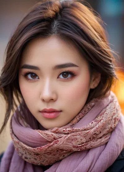 Una linda chica china con ojos grandes y labios perfectos se paraba delante de la cámara, sus mejillas brillantes añadiendo a su belleza natural. Llevaba una bufanda colorida que encajaba perfectamente con su traje, haciéndolo parecer aún más impresionante. Su suave maquillaje añadido