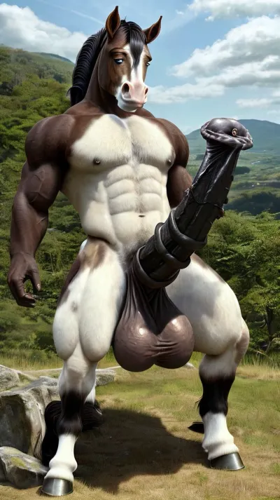 The AI transformed the man into a muscular African horse with a huge cock and hooved feet