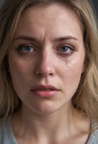 희생자의 이미지는 충격적으로 현실적이었다, 눈물은 그녀의 얼굴을 스트리밍하고 그녀의 몸을 덮어. 그림과 함께하는 텍스트는 "국내 폭력의 여성 피해자의 AI-generated pornographic 이미지.