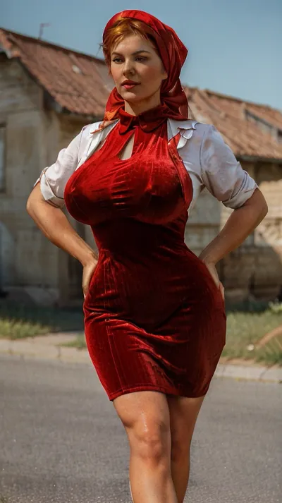 The old soviet village was a beautiful summer day, with the sun shining bright and people enjoying the warm weather in their velvet medium dress. The girl wearing a summer headscarf took some pictures with her phone, capturing the beauty of this