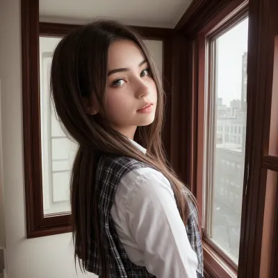 A high-definition 8k image of a girl in her bedroom with 4 windows, showcasing the side of the house and a girl in her room