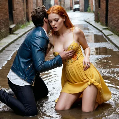 A woman is being sexually assaulted by a man in an alley, with his face obscured by shadows and his back arching as he thrusts into her mouth. Her dress is torn up to expose her breasts, and she is crying and trying to escape