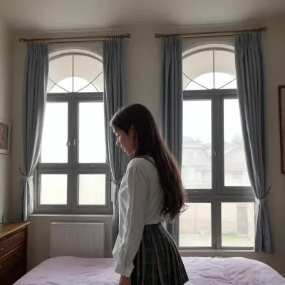 The young, perfect, gorgeous, 18 year old brunette girl was inside her bedroom getting changed. She had a window glare that showed a side of the house with four windows