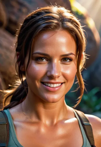 人工智能制作了一张照片 Lara Croft 带有影院照明,高分辨率8k,完美的微笑和棕色头发