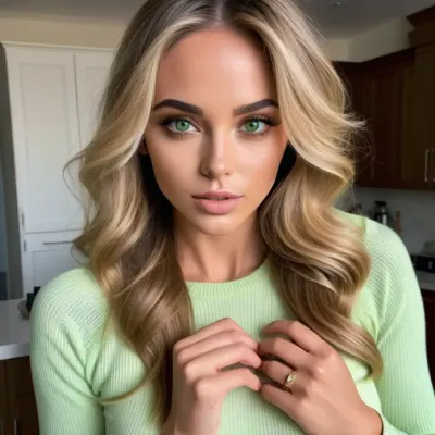 비대칭 몸, voluminous ruffled 머리, seductive 메이크업 및 seductive 보기를 가진 부엌에 있는 준비된 음식은 그녀의 완벽한 비대칭 몸을 보여주었습니다