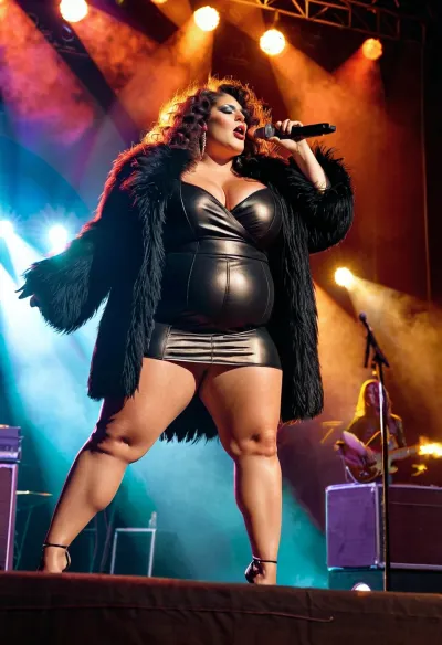 Une diva avec un corps surdimensionné et des cuisses épaisses est sur scène chantant son coeur dans une tenue Rock Singer