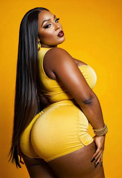 대형 선글라스와 두꺼운 허벅지와 노란색 반바지와 노란색 셔츠의 사진에 대한 큰 프레임 milf, 대형 안경과 디바 메이크업