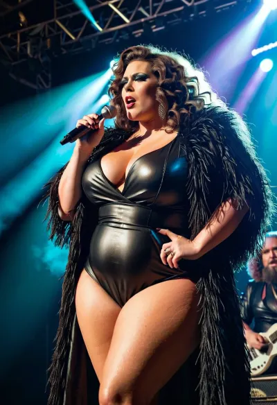 La grosse maman salope, avec ses cuisses épaisses et son maquillage diva, était entièrement vêtue d'une robe en cuir. Elle avait des cheveux moelleux et une photo d'elle sur scène avec ses cuisses épaisses surdimensionnées. Le chanteur rock russe