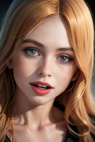 A young woman with freckles and moles on her face, a golden hour sunset in the background, and a dilated pupils stare at the camera with extreme close-up portrait of a ahegao orgasm. She is wearing makeup that includes