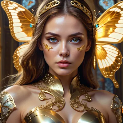 The artist's latest masterpiece is a stunning 8k resolution photo of an AI with 8k resolution and intricate digital photography. The painting showcases the beauty of artificial intelligence in all its glory, with gold butterfly filigree decorating the background