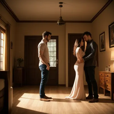 O marido cuckolded estava na entrada, vendo sua esposa fazer sexo com seu amante masculino. O quarto foi iluminado por um brilho suave e quente dos dispositivos de iluminação, lançando uma atmosfera íntima