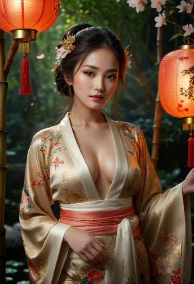 A photorealistic 8k resolution image of a woman standing in a moonlit bamboo forest, wearing a flowing silk kimono adorned with intricate golden dragons and floral patterns, surrounded by mystical creatures from Eastern folklore