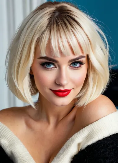 Una chica californiana con una sonrisa sexy usando un suéter negro borroso de corte bajo mostrando escote, sin pelo púbico y sombra de ojos negro, llevaba un suéter negro borroso de corte bajo mostrando escote, que hizo su mirada aún más seductora