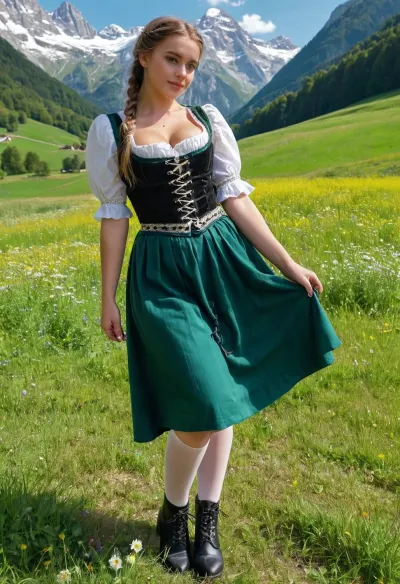 Баварская девушка в черном корсете с кружевными сапогами и танцующая на лугу с цветами, ее киска видна сквозь белые чулки