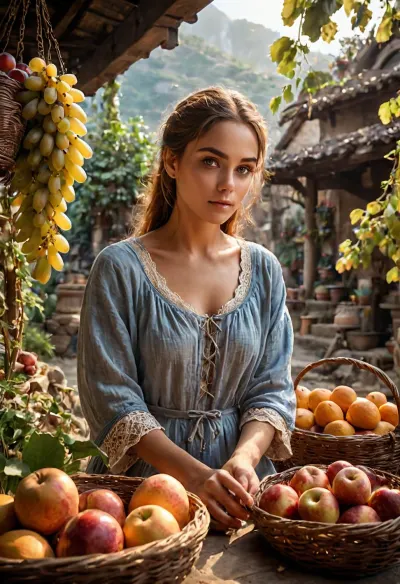 Ein friedliches und ruhiges Bild eines Korbs mit verschiedenen Arten von Früchten, umgeben von Felsen und Pflanzen, und umgeben von anderen Gegenständen, die um die Gegend verstreut sind