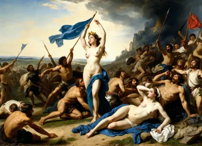 The painting "Liberation of Females" depicts a topless woman leading a group of women in battle, with the BLUE flag held high and depicted accurately