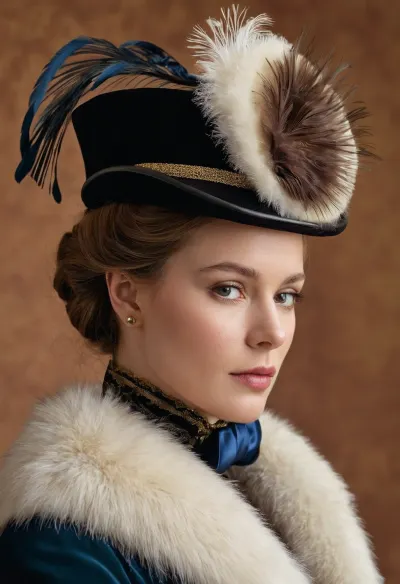 写真の若い女性は、エレガントな光の羽でトリムされた最高級の革で作られた、レギャルな服で服を着ています。 彼女の帽子は、女性のファッショナブルな詳細であるエレガントなライトフェザーとベルベットハットバンドで飾られています