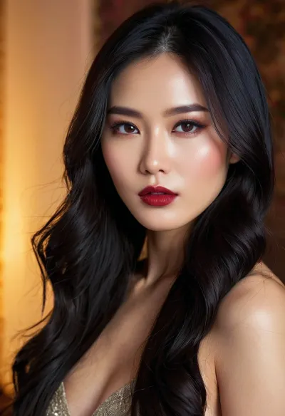 The Korean woman with no pubic hair leaned to the viewer, her long black hair cascading down her back. Her kind expression and fashion makeup made her seem perfect, and she had perfect eyes that seemed to be staring right into your soul