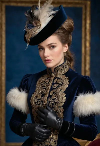 L'ultima moda del 1880 raffigurata in un'immagine raffigura una giovane donna che indossa un cappello di velluto rifilato con eleganti piume leggere, pelliccia e nastri, realizzati con l'ultima moda di abbigliamento femminile. Lei indossa un vestito di tela decorato con