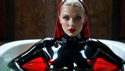 In einer dunklen und dampfigen Einstellung, ein ultra schmales Knöchel-langes Latexkleid, ultra schmal und eng Hemline, zu eng, um zu gehen, zu eng zu atmen. Die Szene ist in einem dunklen kalten nassen schwarzen Stein mit