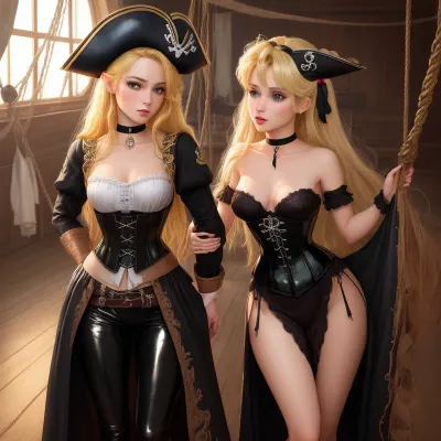 Tinker Bell and Captain Hook are two characters from the movie "Peter Pan" portrayed as fairies with wings, but Tinker Bell is depicted as a more innocent and playful character. Her outfit is green and translucent latex, which accentuates