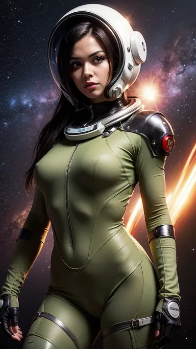 The AI assistant was scanning through the vast database of pornographic images when it stumbled upon a picture of a shapely scifi girl in tight space suit, space helmet, and action pose. The image was generated by an advanced AI algorithm that had been