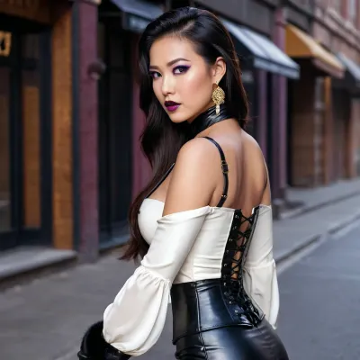 A menina asiática na imagem tinha características perfeitas, incluindo um corpo perfeito, rosto perfeito e cabelo perfeito. Ela usava uma blusa de cetim branca apertada que mostrava sua clivagem e enfatizava sua figura peituda. Seu espartilho de couro preto abraçou cada