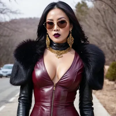 The asian milf was wearing a tight black leather dress that hugged her curves perfectly. Her makeup was dark and smoky, making her eyes pop even more. She had long fur boots on that made them look even longer. Her hair was pulled