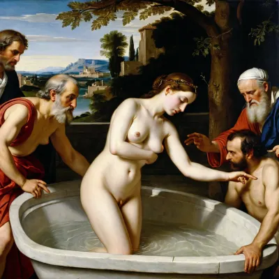 The Bath of the Old Men" von Artemisia Gentileschi ist ein Gemälde, das die Geschichte von Susanna und den Ältesten darstellt