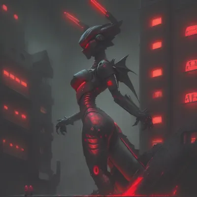 In a futuristic dark city, a dragon in a nude woman riding on top of the skyscrapers. The rain drops were like tiny diamonds falling from the sky
