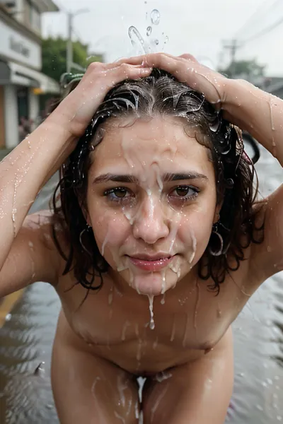 A young woman walks down the street, arms behind her head, with a facial expression that suggests she is in deep thought. She then takes a sip from a water bottle and wipes her mouth with the back of her hand before continuing on her way