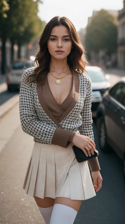 年轻女孩为Instagram照片配了姿势,穿着经典的羊皮脚踝靴子,穿着可爱的A线裙. 她的头发在柔软的波浪中有风格,她只穿了最小的化妆品. 摄影师用索尼A7III拍摄照片