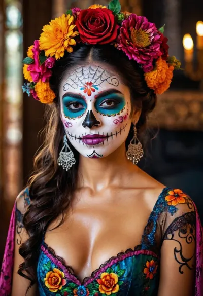 墨西哥美人穿的是一种明亮,浓郁的彩色裙子,有着明亮,浓郁的色彩. 她的化妆品非常细腻 色彩浓厚 她的皮肤清澈而光滑 她的头发在光泽的上方