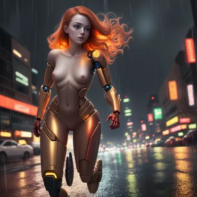 A cyborg woman with glowing red electric android upper body and nude lower body is riding a city lights-lit rain-drenched street. She is nude, but her human-like features are visible through the rain. The full body picture shows