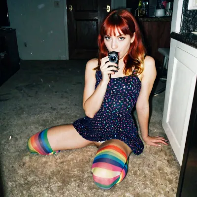 A menina ruiva introvertida grunge com franjas e meias multicoloridas e um vestido de algodão curto bonito está sentado no chão em um canto escuro em 1997, em uma festa em 1997, tirando fotos dos 27