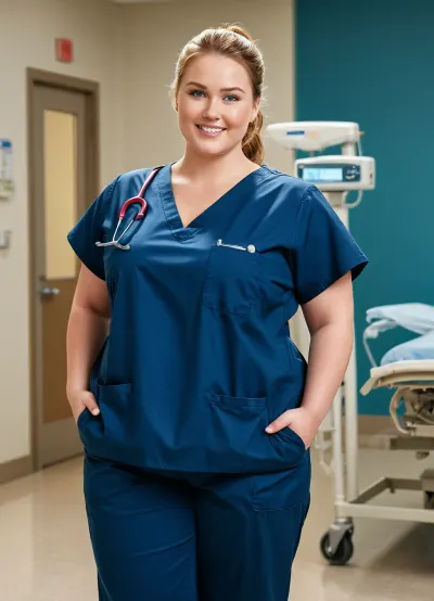 L'infermiera, una donna di dimensioni superiori con una bella faccia e braccia forti, stava lavorando nella stanza dell'ospedale. Indossava strofinacci e occhi blu. Il suo sorriso era megachubsdxl, la sua vita era rotonda, e le sue cosce erano