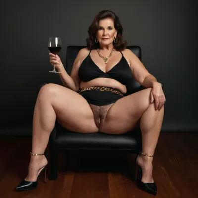 The old woman sat in front of me, her thick legs spread wide open. She wore a sexy black outfit that showed off her big tits and saggy big tits. Her hair was pulled back into a sloppy bun, revealing her long