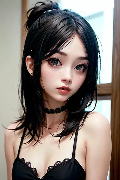 The petite Hungarian emo girl with her poofy hair and makeup goth style was taking a picture of herself in the mirror, satisfied with her appearance