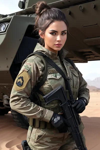 The female soldier stood in front of the tank, her weapon at the ready, as she scanned the desert for any signs of danger. Her half-top knot hair and athletic build made her a formidable force to be reckoned with